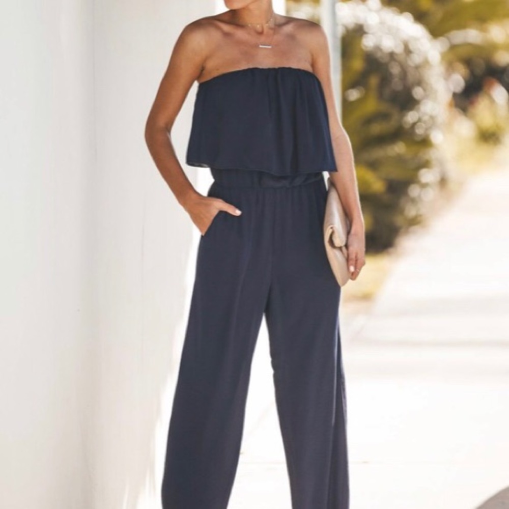🔊 VICI Collection Strapless Navy Jumpsuit